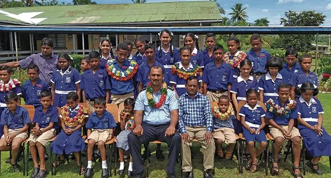 Newly Inducted prefects of Waiqele Primary School in Labasa with the chief guest Divisional Fire Officer Northern Vinesh Kumar (sitting-left) and headteacher Suresh Chand on February 8, 2019. Photo: