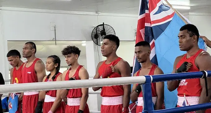 Team Fiji amateur boxing team line-up before the start of the Tri Nations at Commander Stan Brown Gym in Walu Bay, Suva, on September 30, 2023. Photo: Sereana Salalo