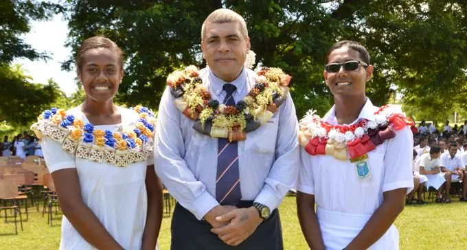 From left: Natabua High School headgirl Adi Nanise Naivalu, Divisional Education Officer Western Division Ratu Joseva Gavidi and headboy Rishav Kartik Prasad during the school’s prefects’ inductions on February 22,2018. Photo: Ravneel Sharma