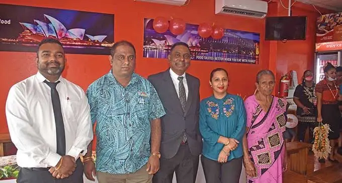 From left: Lawyer Salvin Nand, director Kamlesh Kumar,  lawyer Jiten Reddy,  Nazmeen Reddy, and Sugra Wati, during the opening of Taste of Sydney restaurant, on March 18, 2022.  Photo: Waisea.