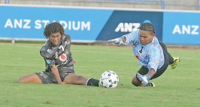 Nadi goalkeeper Ana Digogo dives in to stop Ba’s Koleta Likuculacula attempt during the Vodafone Women’s Interdistrict Championship at the ANZ Stadium, Suva, on October 28, 2020. Defending champions Ba won their Group B opener 7-0. Photo: Ronald Kumar