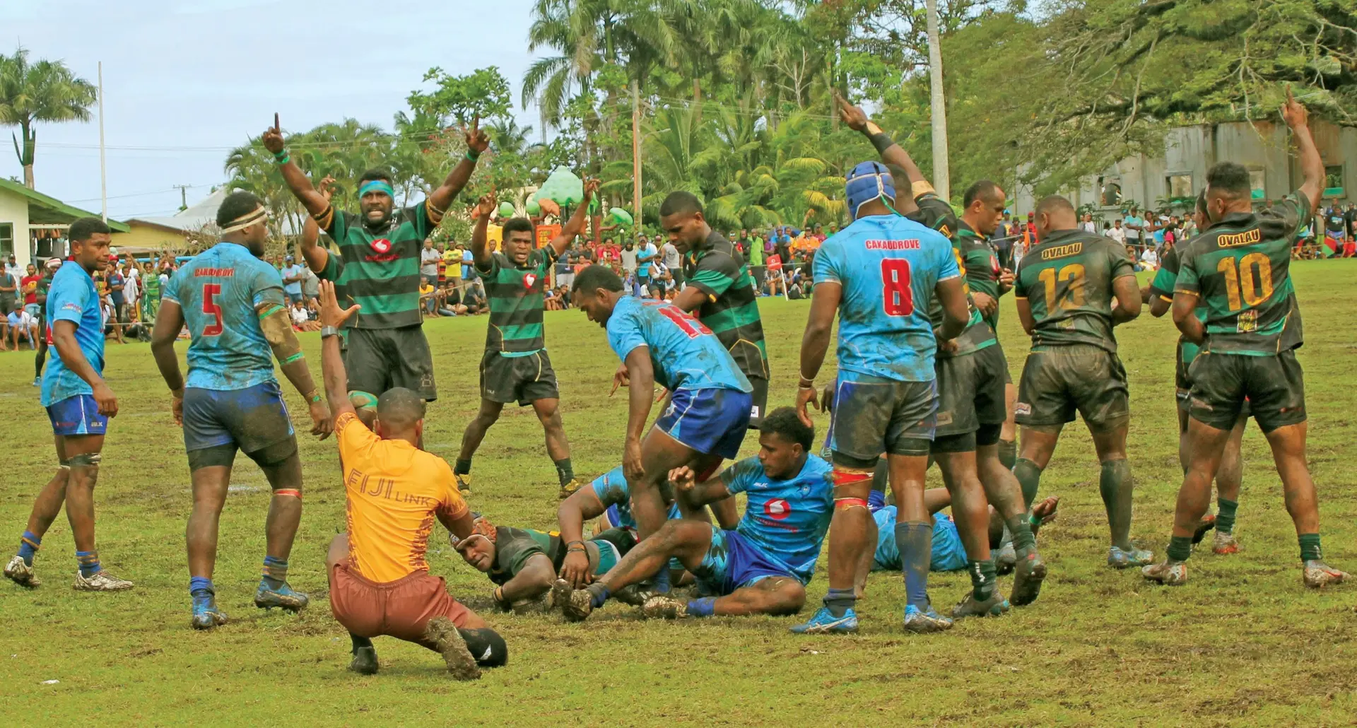 Ovalau players celebrate after Josaia Yalovigau scores the first try at Nasau Park, Levuka on September 12, 2020.  Photo: Manhar Lal 