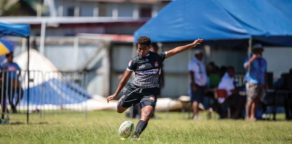 Island Pharmacy Ba’s second-five eighth Sereana Naweni kicks a penalty against Kadavu at Lawaqa Park, Sigatoka on April 13, 2024. Photo: Leon Lord