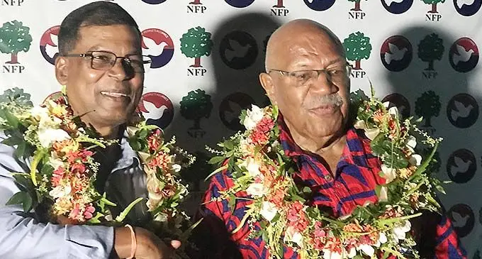 National Federation Party leader Biman Prasad and The People’s Alliance Party Leader Sitiveni Rabuka at the joint rally at the Assemblies of God Primary School in Kinoya on November 22, 2022. Photo: Nacanieli Tuilevuka