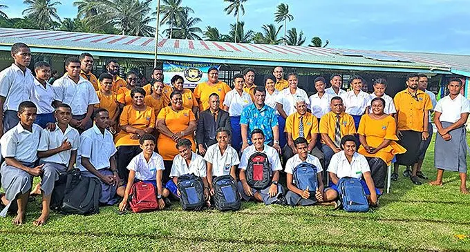 Minister for Education Aseri Radrodro (blue shirt), with teachers and students of Adi Maopa Secondary School.