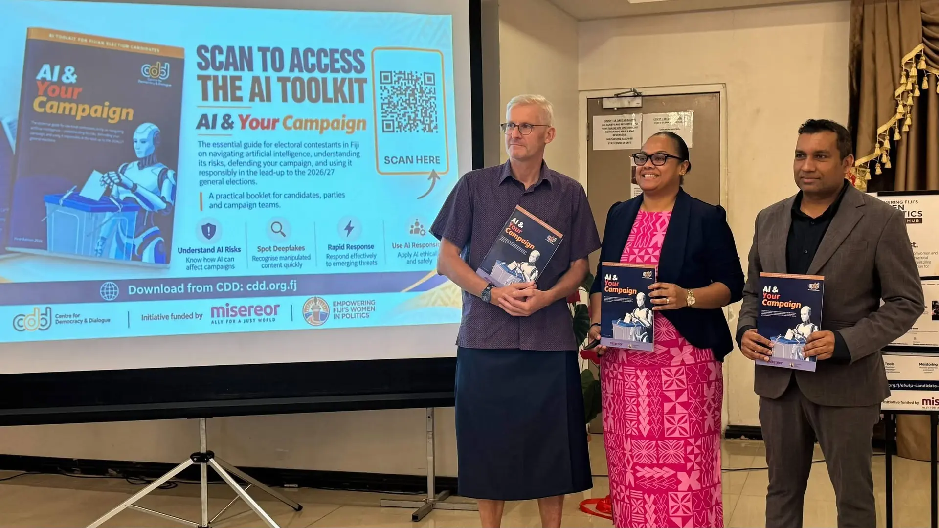  Supervisor of Election Ana Mataiciwa(middle) and Dialogue chief executive officer Nilesh Lal during the official launch of the Electoral Integrity Toolkit- AI & Your Campaign