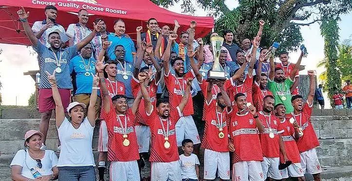 Rewa Sanatan players, officials and supporters after winning the Rooster Chicken Shree Sanatan Interdistrict Championship at the AD Patel College ground in Ba on April 10, 2023. Photo: Salote Qalubau