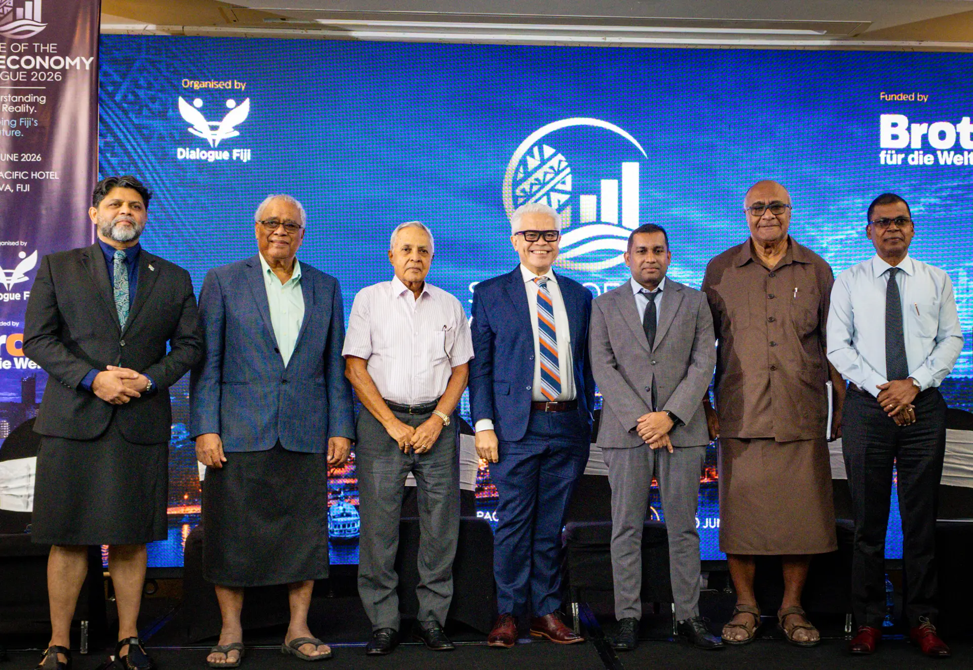 From left- Former A-G Aiyaz Sayed-Khaiyum, Unity Fiji leader Savenaca Narube, Fiji Labour Party leader Mahendra Chaudhry, Lawyer Jon Apted, Dialogue Fiji CEO, Nilesh Lal, Former Deputy Prime Minister Manoa Kamikamica and former Minister of Finance Biman Prasad during the State of the Fijian Economic dialogue at GPH, Suva.