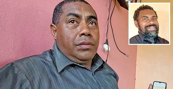 An emotional Ratu Isoa Momolevu holds a photo of his late brother Ratu Napolioni Waqa pictured with his son Ratu Apisai Ratudale (right inset) at Vitogo village in Lautoka. Photo: Salote Qalubau