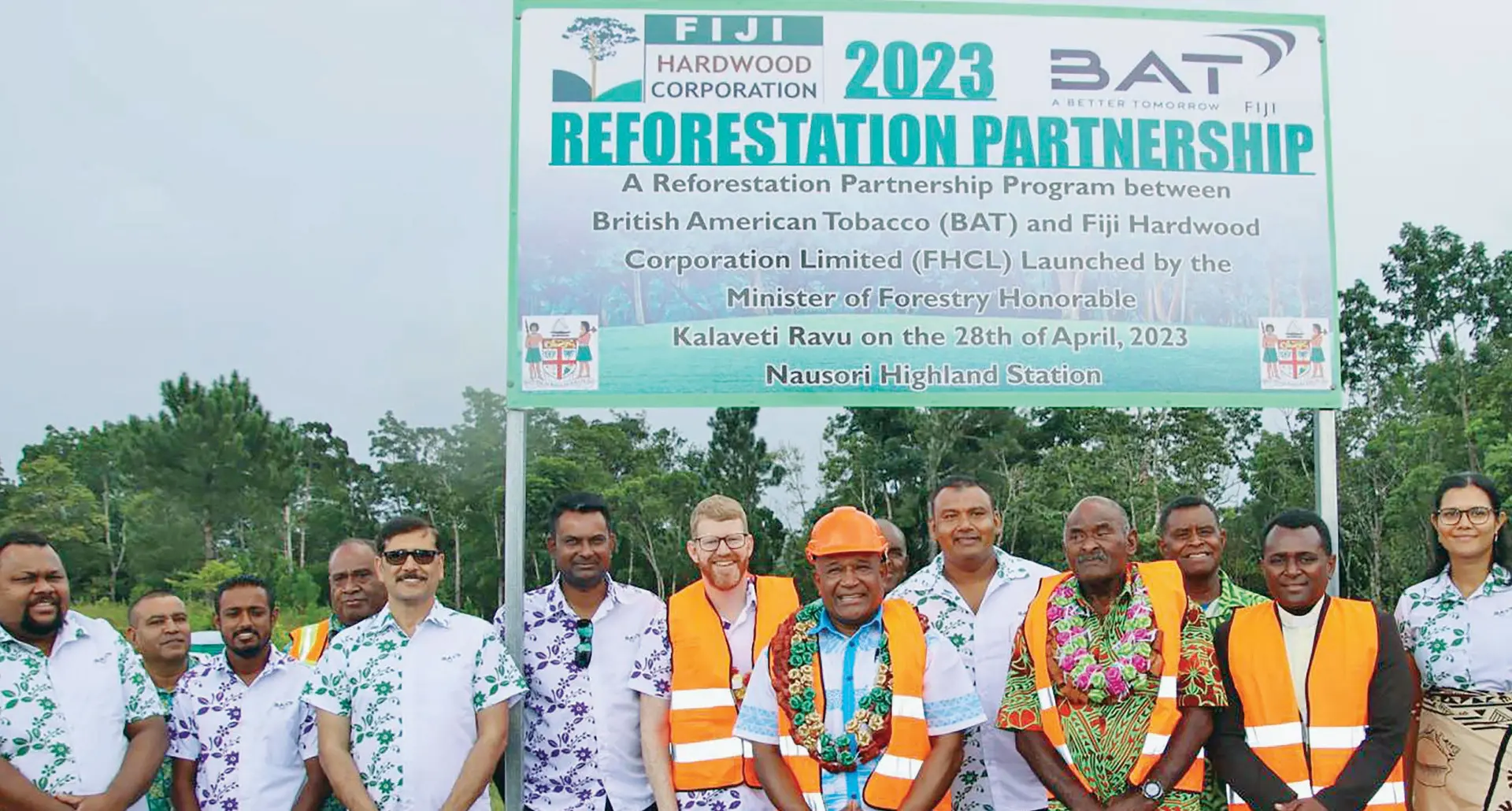Minister for Fisheries and Forestry, Hon. Kalaveti Ravu, with representatives from the British American Tobacco Fiji personnel, Fiji Hardwood Corporation Limited and landowning units after the launch of the reforestation programme at Nausori Highlands on April 28, 2023. Photo: Ministry of Fisheries and Forestry