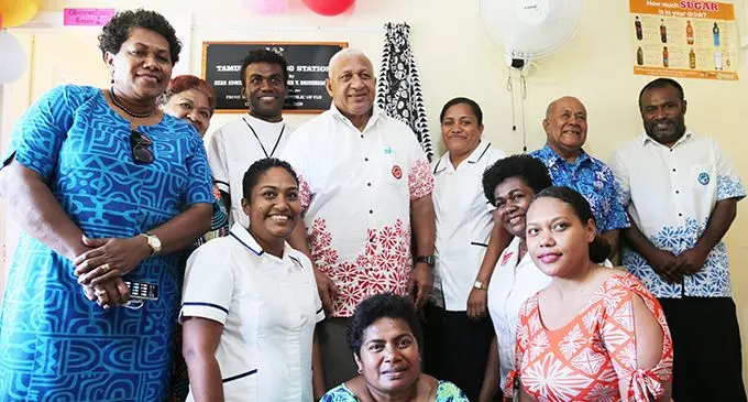 Prime Minister Voreqe Bainimarama and Minister for Health and Medical Services Dr Ifereimi Waqainabete with health workers and beneficiaries of the Tamusua Nursing Station in the Yasawas on June 18, 2020.  Photo: Kelera Sovasiga