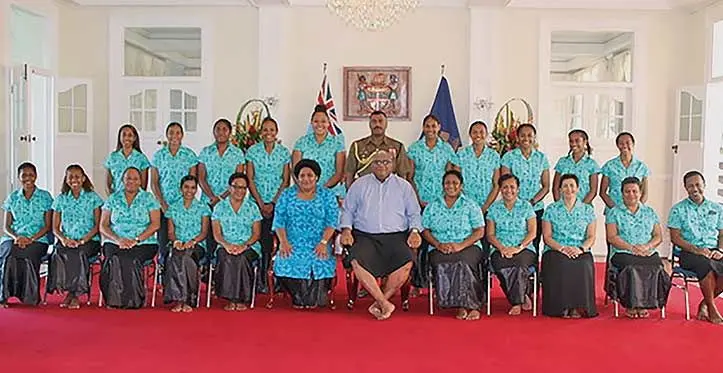 Members of the Fiji Pearls team and management with the President Ratu Wiliame Katonivere and First Lady Filomena Dikumete at the State House on July 10, 2023. Photo: Netball Fiji