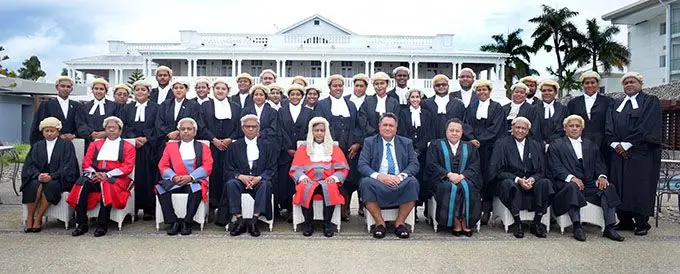 University of South Pacific young Law graduates with Acting Chief Justice Kamal Kumar following his admission into the Bar at Grand Pacific Hotel on March 12, 2021. Photo: Ronald Kumar.
