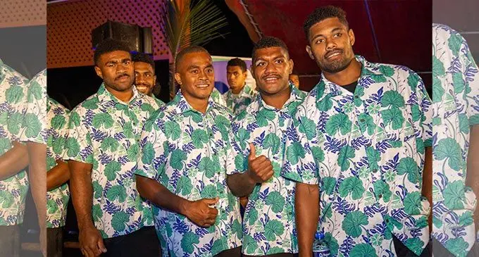 Swire Shipping Fijian Drua players during the team’s official welcome at the Fiji Museum in Suva on April 25, 2022. Front from left: Vinaya Habosi, Alivereti Veitokani, Peni Matawalu and Ilaisa Droasese.. Back (from left) Frank Lomani and Kitione Salawa. The Drua will take on the Highlanders this Saturday at ANZ Stadium, Suva. Photo: Leon Lord