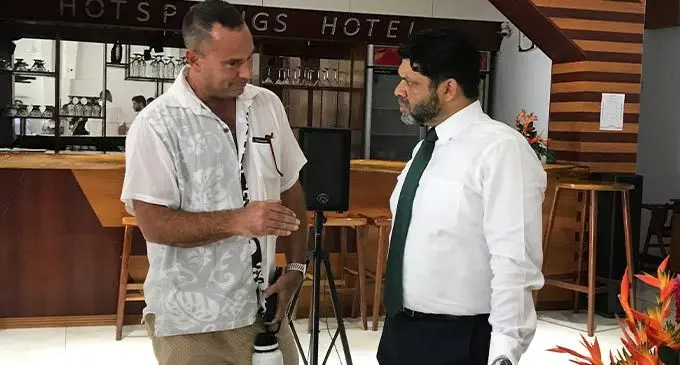 The Acting Prime Minister and Attorney-General Aiyaz Sayed-Khaiyum having a chat with founder of J. Hunter Pearls and member of the Savusavu Tourism Association Justin Hunter (left) during the Financial Year 2022-2023 National Budget Consultation at the Hot Springs Hotel in Savusavu on June 30, 2022. Photo: Shratika Naidu