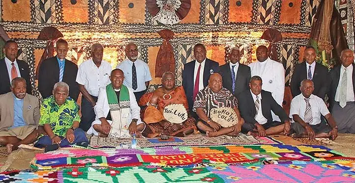 The newly-installed Tui Lutu Ratu Isireli Ronaiteqe with fellow chiefs and participants during the chiefly installation at Lutu, Naitasiri on October 7, 2023. Photo: Asenaca Ratu