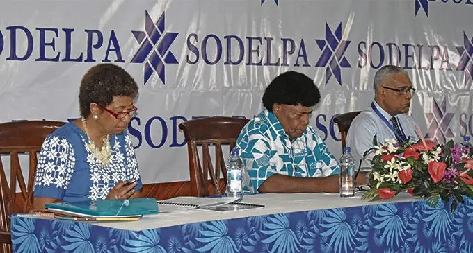 From left: Opposition Leader Marama Bale Roko Tui Dreketi Ro Teimumu Kepa, Tui Vitogo Wiliame Sovasova and Turaga Bale na Tui Cakau and SODELPA president Ratu Naiqama Lalabalavu, during the SODELPA AGM in Namoli, Lautoka, last week. Photo: Peni Komsaisavai