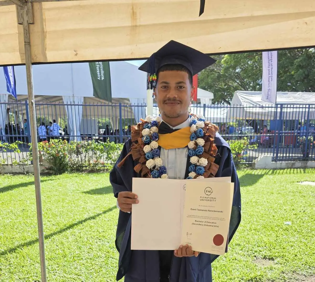 Twenty-four-year-old Enerii Rerentemaraki from Rabi Island has become the first in his family to graduate from university.