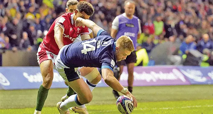 Scotland’s Kyle Steyn scores his second try against Wales at Murrayfield Stadium on January 11, 2023. Photo: FA Wire
