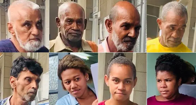 TOP L-R: 67-year-old Shafiq Ali,  69-year-old Sakeo Vuli, 64-year-old Mohammed Maulana Shah, 53-year-old Mesake Koroi,  BOTTOM L-R:  54-year-old Leonard Vishnu Deo, 30-year-old Litia Lolohea, 24-year-old Laisani Vakatale and 27-year-old Kalesi Samanunu outside the Suva Magistrates Court on April 7, 2020. Photo: Fonua Talei 