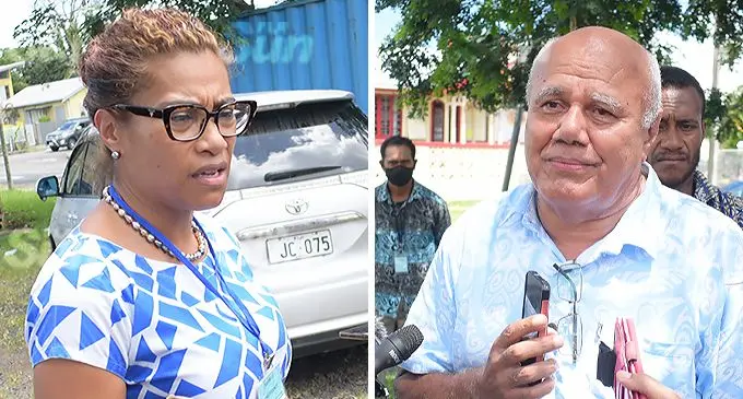 SODELPA MP, Lynda Tabuya expresses her disappointment to media as she walked out of the management board meeting at the Fijian Teachers Association (FTA) hall, in Suva on December 21, 2021 and SODELPA leader, Viliame Gavoka outside the Fijian Teachers Association hall, Suva on December 21, 2021. Photo: Ronald Kumar