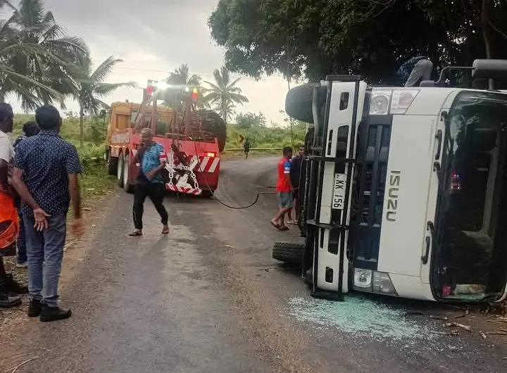 Truck tumbles in Vunika, Labasa. Photo: Supplied