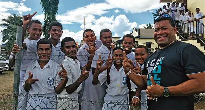 Students of Khalsa College in Labasa with the 7s Wizard Waisale Serevi in Labasa on April 19, 2021. Photo: Laisa Lui