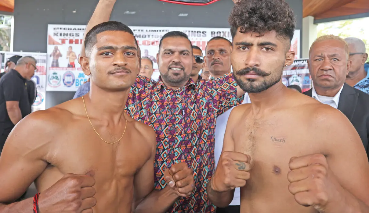 Binnu Junior Singh (front left) and Harjot Singh (front right), during the King’s Boxing Promotion weigh-in at Ratu Sukuna Park in Suva on July 24, 2026. Photo: Asenaca Ra