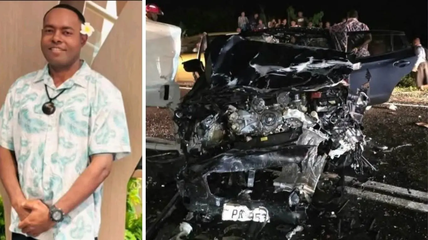 Left: Deceased, Peni Mataka. Right: The mangled vehicle following the fatal accident.