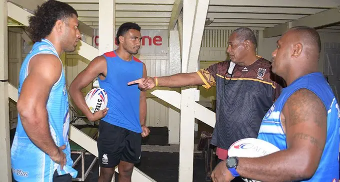 From left: Taniela Sadrugu, Tokyo gold medallist Iosefo Masi with Fijian Bati coach Josaia Rabele and development officer, Asaeli Saravaki at Fiji National Rugby League gym, in Domain, Suva on October 12, 2021. Photo: Ronald Kumar