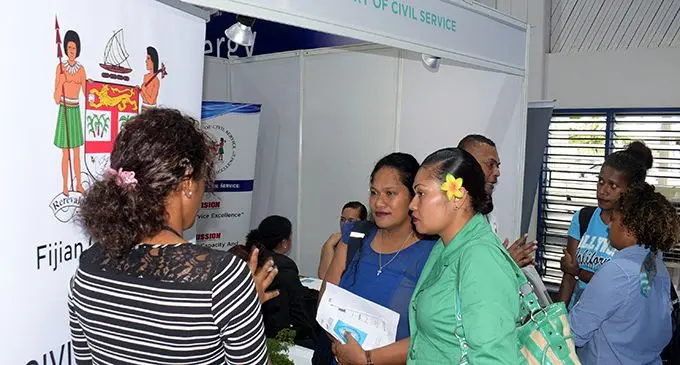 People find out about opportunities available at Ministry of Civil Service during National Job fair at FMF Gymnasium on April 24, 2019. Photo: Ronald Kumar.