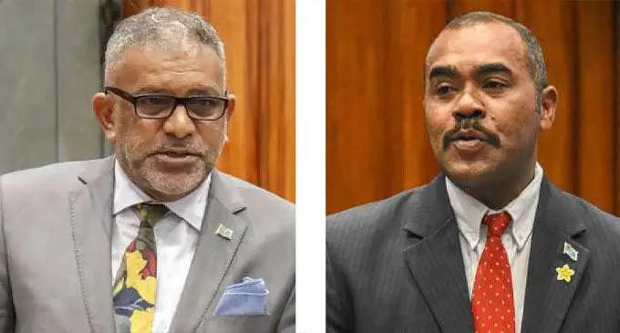 From left: Opposition Member of Parliament and former acting secretary of Fiji First Faiyaz Koya and FijiFirst MP Mosese Bulitavu Photos: Parliament of Fiji
