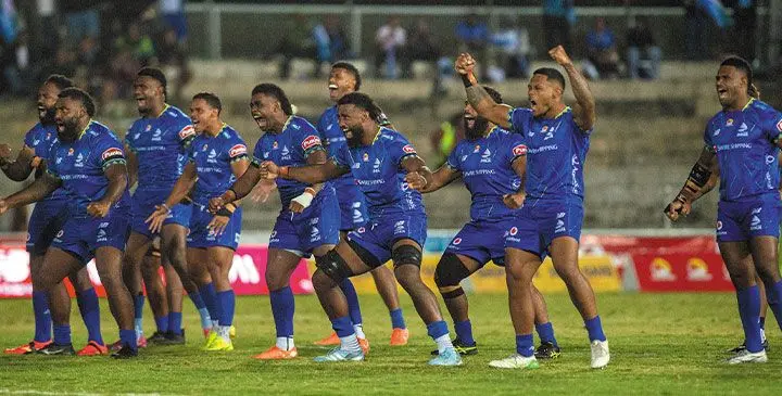 Swire Shipping Fijian Drua perform their traditional war dance iBole against the Blues at Suva’s HFC Bank Stadium on May 9, 2025. Photo: Josua Buredua