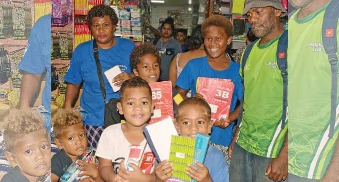 Joni Caginavanua (right) with family (wife) Talatoka , children-Joni (jr), Josefa, Rusila, Leveni and Tavenisa Caginavanua of Kadavu while shopping for back to school in Suva on April 5, 2022. Photo: Ronald Kumar