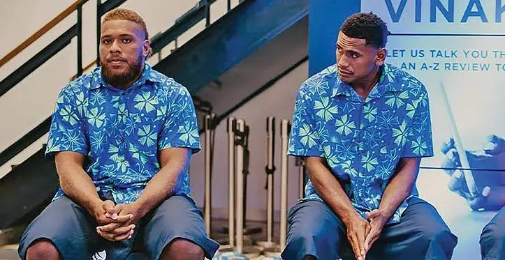 Swire Shipping Fijian Drua reps (from left) Tevita Ikanivere and Kitione Salawa. Photo: ANZ Bank