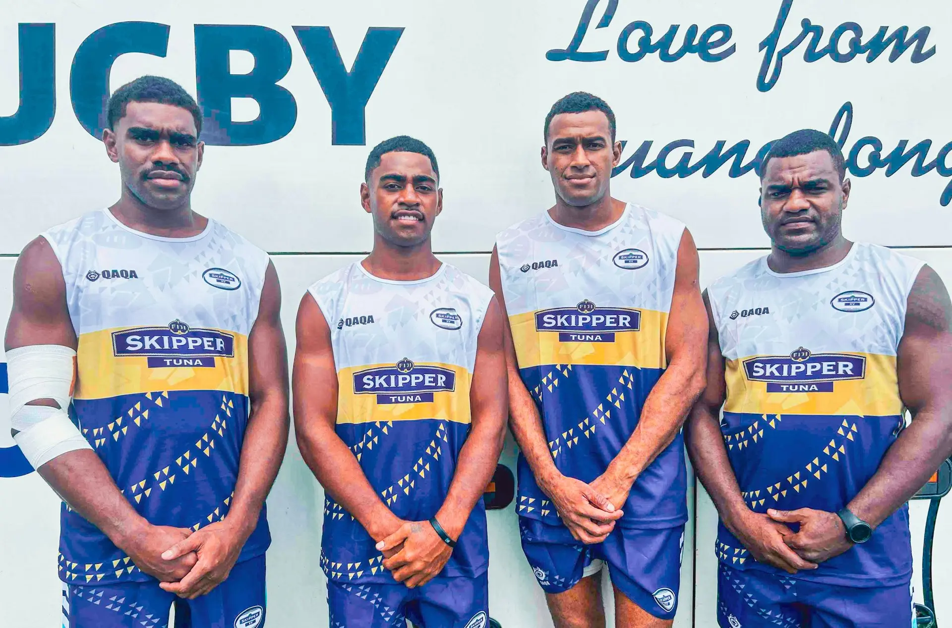Aminiasi Natuiyaga (second from right) with Skipper Select XV teammates. They will take on the Fijian Drua on Friday at Churchill Park, Lautoka. Photo: FRU Media