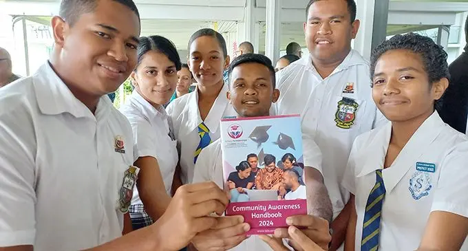 Students from left: Maximillian Kirite, Salehah Ali, Abigail Tavuyara, Ashneel Maharaj, Jesse Veramu and Lucy Koi following the TSLS Community Awareness Handbook launch at Holiday Inn on August 4, 2023. Photo: Ronald Kumar