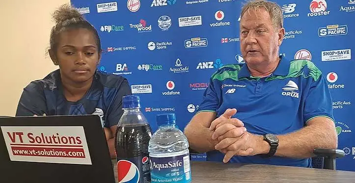 From left: Swire Shipping Fijian Drua media officer Karalaini Tavi and head coach Mick Byrne during the press conference at the Drua homebase in Legalega, Nadi on April 17, 2023. Photo: Waisea Nasokia