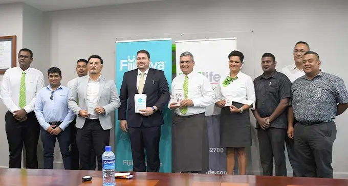 Fiji Kava managing director and chief executive officer Anthony Noble (fifth from left), BSP Life managing director Michael Nacola (sixth from left), with executives and management of the both entities at the BSP Life Boardroom in Suva on March 17, 2022.
