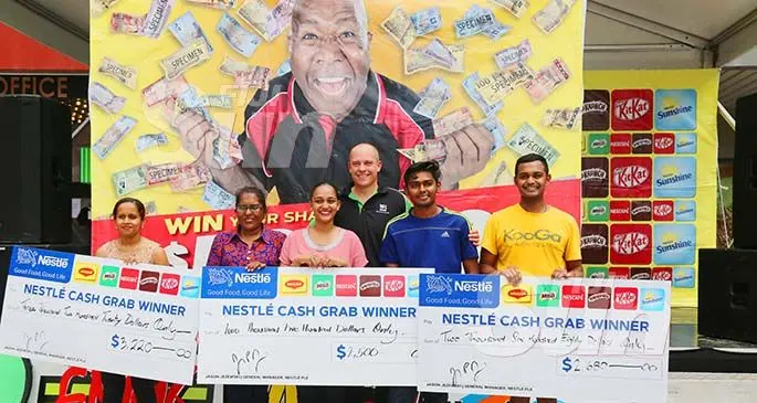 Winners of the Nestle Cash Grab Promotion. (From left), Vijeshni Singh, Shainaz Ali, Tajmeen Nisha, Afiz Ali and Anton Narayan with the Nestle country manager Fiji Jason Jezewski (back) on February 8, 2020. Photo: Kelera Sovasiga