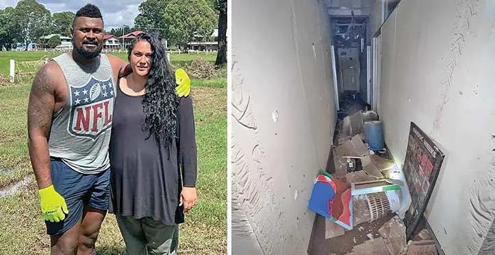 Edward Ragamate and Koori Mail chief executive officer Naomi Moran. Photo: Ivamere Nataro. (R) Inside the Koori Mail office after the flood.