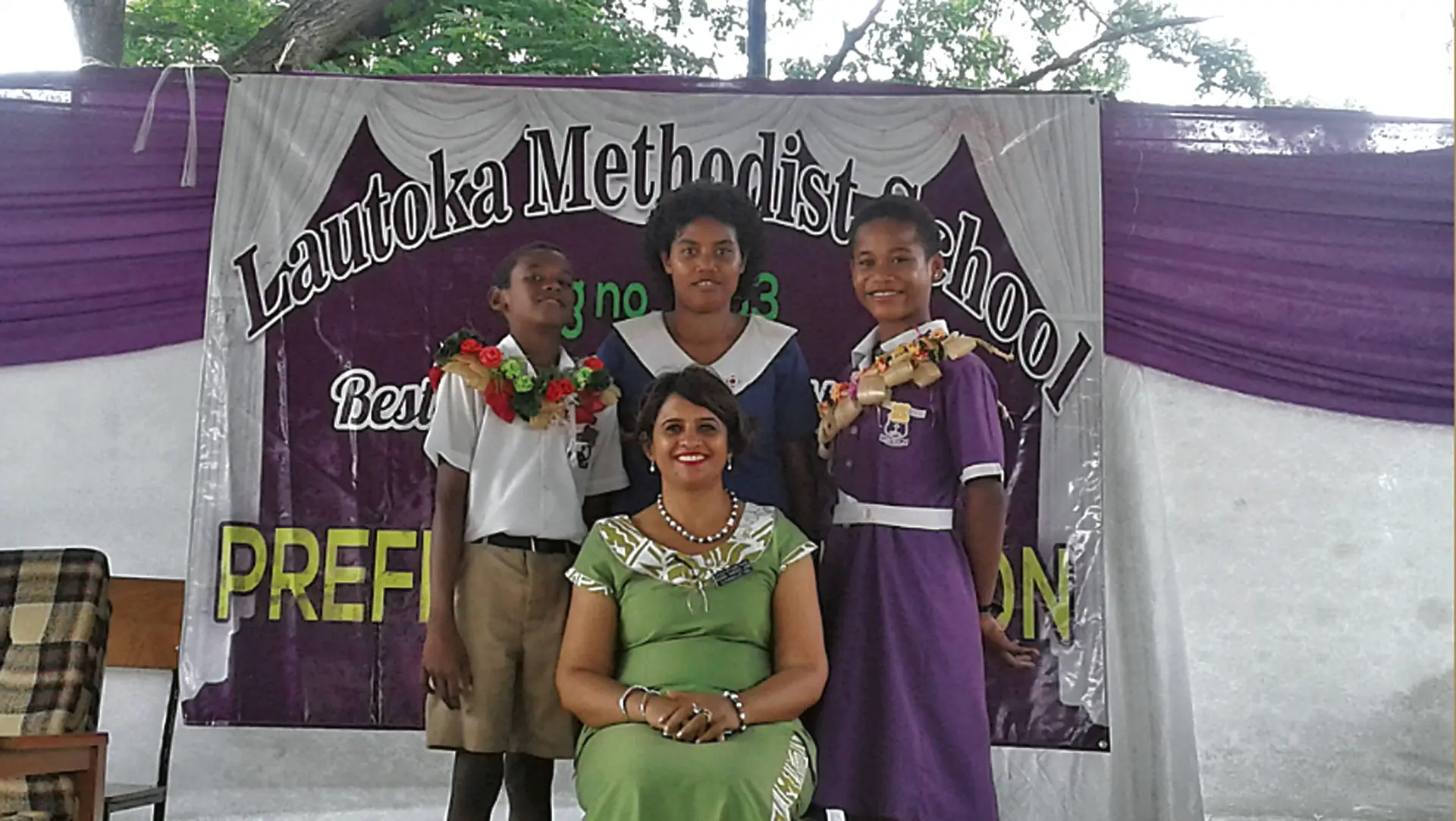 Standing from left: Lautoka Methodist Primary School headboy Penaia Drauna, School Deaconess Laisani Nauliva, School headgirl Christina Tubakilau. Sitting is Ms Pratika Sharma at the prefects’ induction on February 9, 2018. Photo: Lautoka Methodist Primary School