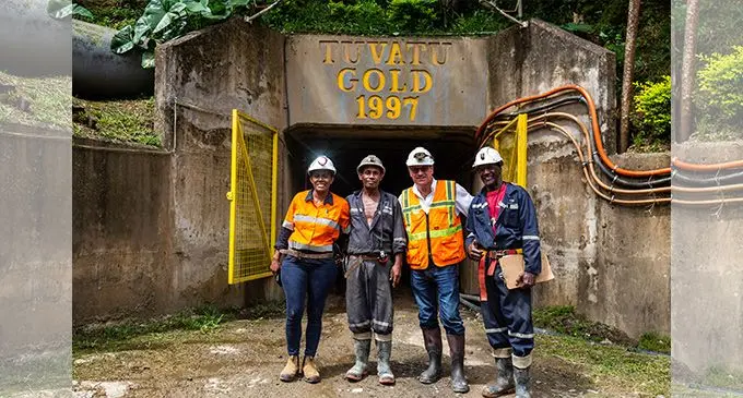 From left: Lion One Fiji’s Tuvatu environment manager, Sereana Vatucicila, miner AkuilaTawakedrau, chief operations officer Patrick Hickey, and miner Pauliani Kulavere, outside the mining decline at Tuvatu alkaline gold project site in Sabeto, Nadi, on March 18,2022. Photo: Leon Lord.