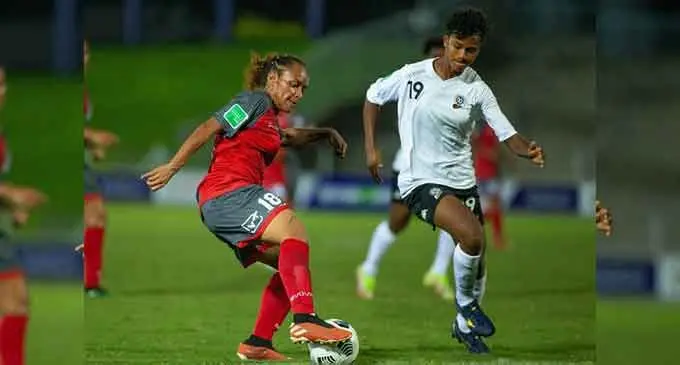 Angeline Rekha (right) of the Digicel Kulas challenges New Caledonia’s Alice Wenessia during their OFC Women’s Nations Cup clash at HFC Bank Stadium on July 17, 2022. Photo: OFC Media