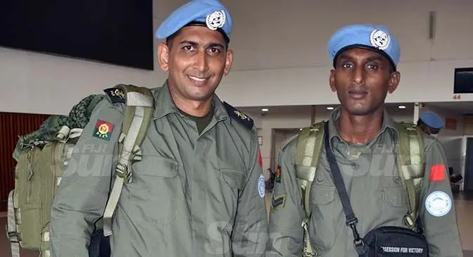 Corporal Nitesh Pillay (left), and Corporal Ponal Naicker at the Nadi International Airport on April 3, 2021. Photo: Mereleki Nai