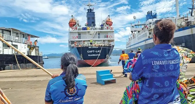 Staff of Goundar Shipping Limited welcome the oil tanker CAPT-LAI as it arrived into Port Mua-i-Walu. Photo: Laiseana Nasiga