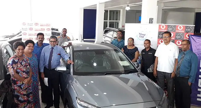 Season for Joy Christmas promotion brand new Hyundai Kona winners (from left:) Arieta Tokovou, Lavenia Waqanidrola, Ajay Kumar (back) with Carpenters Fiji Limited director retail and marketing Kunaseelan Sabaratnam and invited guests on February 27, 2020.  Photo: Inoke Rabonu