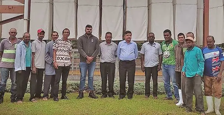 Sugar Research Insititute Crop Improvement Department Scientific Officer Breeding Shazeel Hassan (fifth from left) and the Minister for Sugar and Multi-ethnic Affairs Charan Jeath Singh in Rakiraki on May 16, 2023. Photo: Salote Qalubau