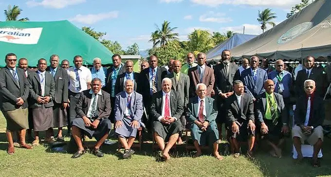 Prime Minister Voreqe Bainimarama (sitting, third from left) with Tui Ba, Ratu Filimoni Nale (fourth from left), together with district representatives and Government delegation at the opening of the Ba Provincial Council meeting held in Sorokoba Village in Ba on July 20, 2022. Photo: iTaukei Affairs Board