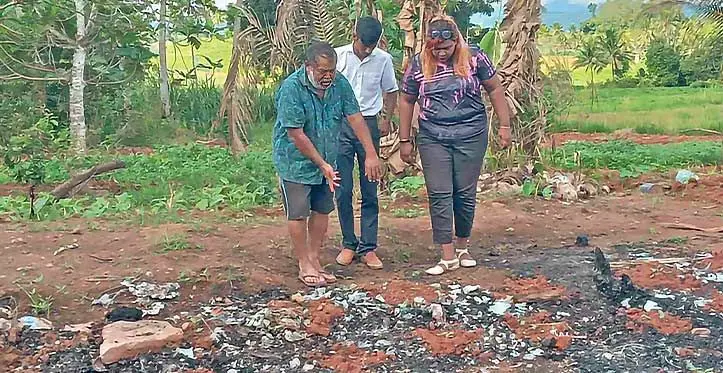 House fire victim, Mahendra Kumar shows the extend of damages to the club members of the One Nation, Our People Youth Club at Nabekavu, Labasa on June 10, 2023